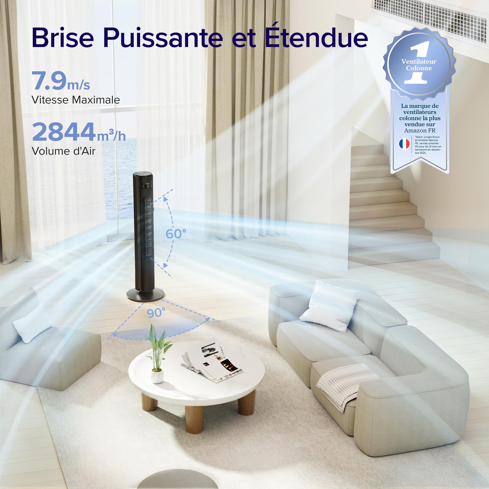 Ventilateur colonne LEVOIT performant, débit d'air 2844m³/h, oscillation 90° horizontale et inclinaison 60° verticale, brise étendue pour grands salons familiaux.