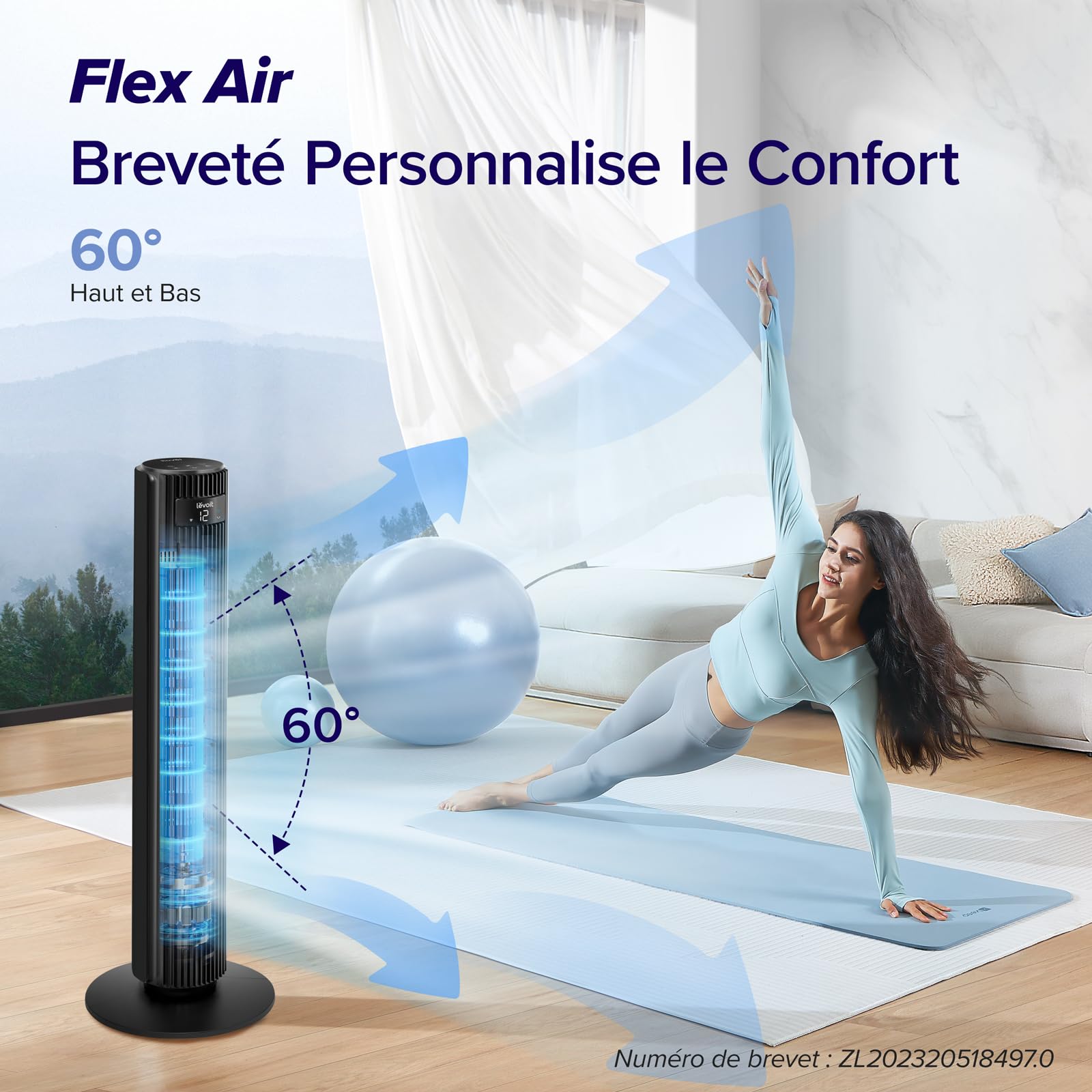 Ventilateur colonne LEVOIT avec technologie brevetée Flex Air, inclinaison verticale 60° haut-bas, diffusion personnalisée de fraîcheur idéale pour espace sport et vie domestique.