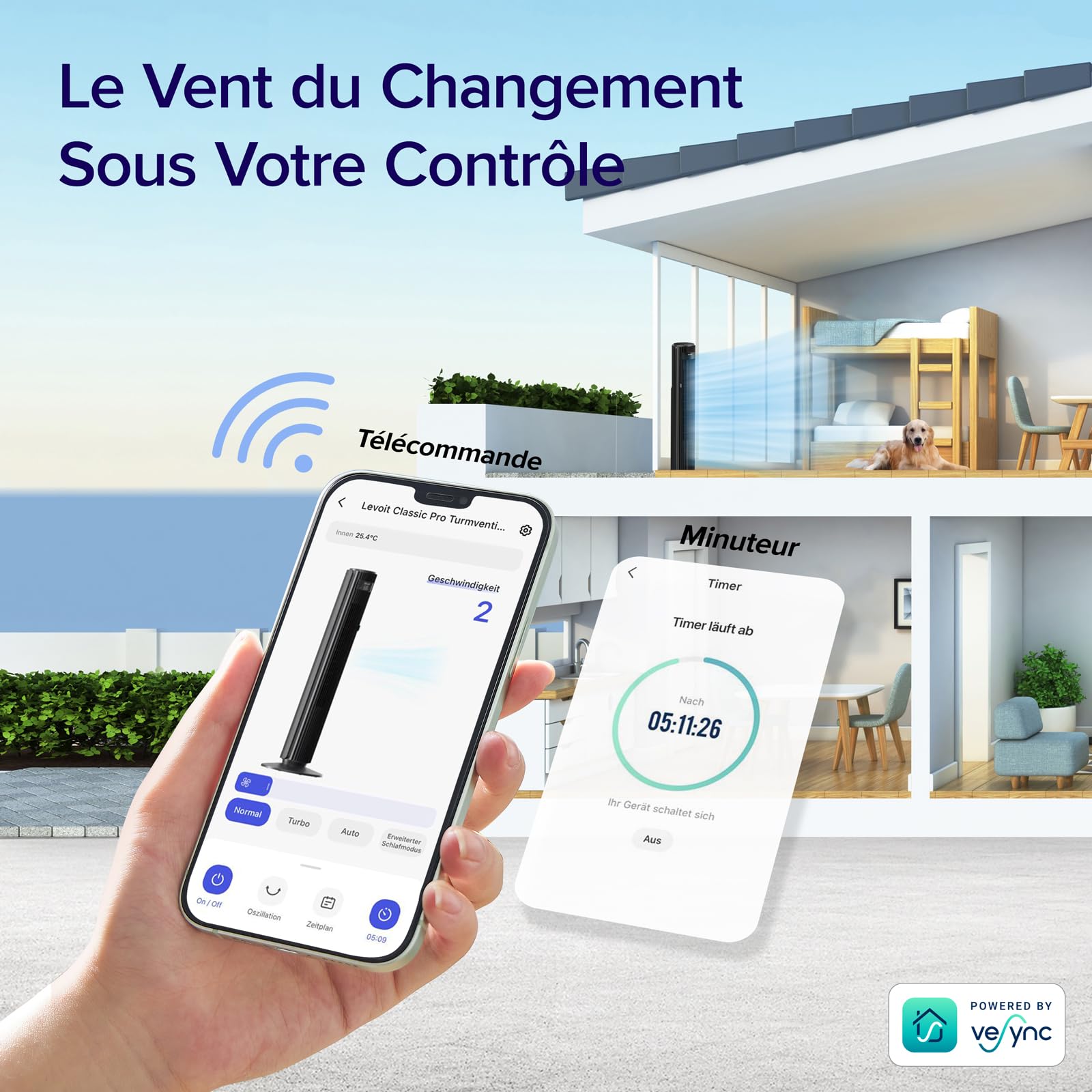 Ventilateur colonne LEVOIT WiFi Veync, télécommande par application mobile, fonction minuteur programmable, contrôle intelligent à distance pour tout confort domestique au quotidien.
