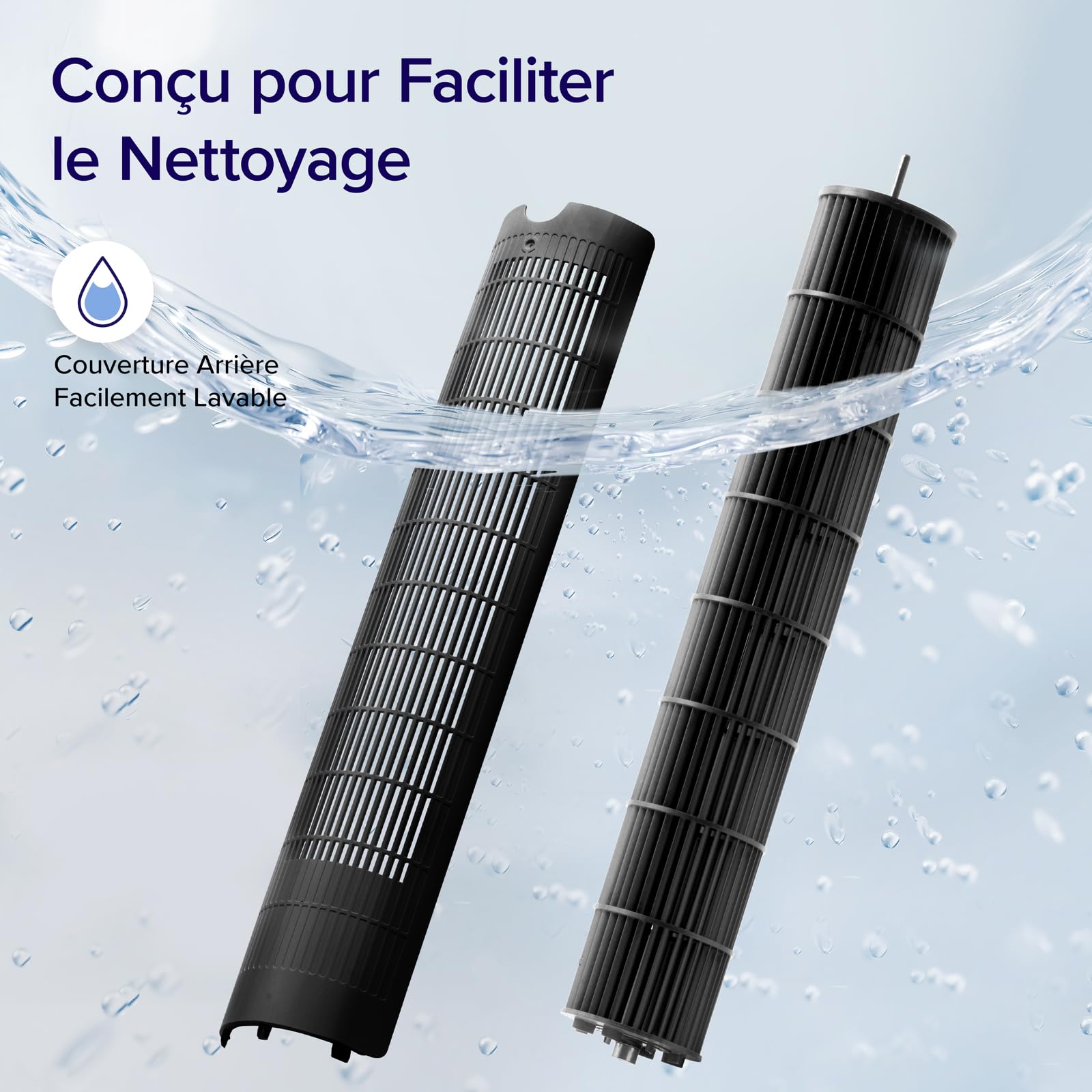 Pièces du ventilateur colonne LEVOIT : couverture arrière démontable et lavable à l'eau, entretien simple et rapide au quotidien.