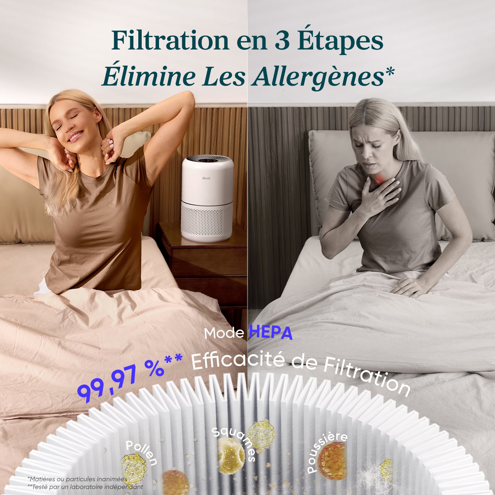 Purificateur d'air Levoit avec filtration HEPA en 3 étapes, éliminant les allergènes tels que le pollen, la poussière et les squames