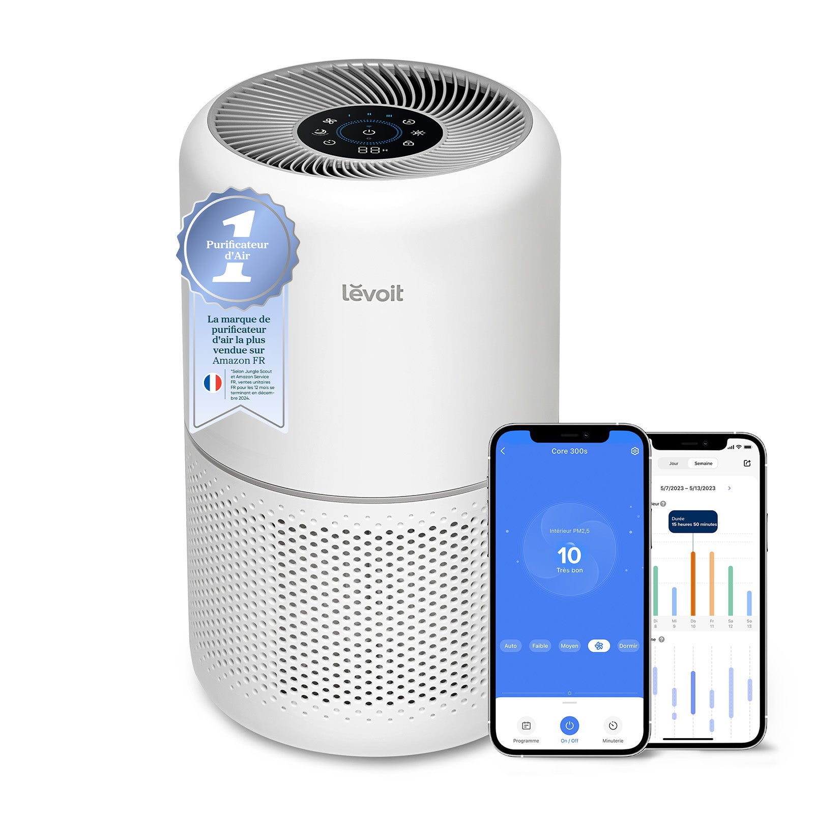 Levoit Core 300S purificateur d'air avec contrôle via App, Alexa, Google, filtration HEPA et mode ultra-silencieux.