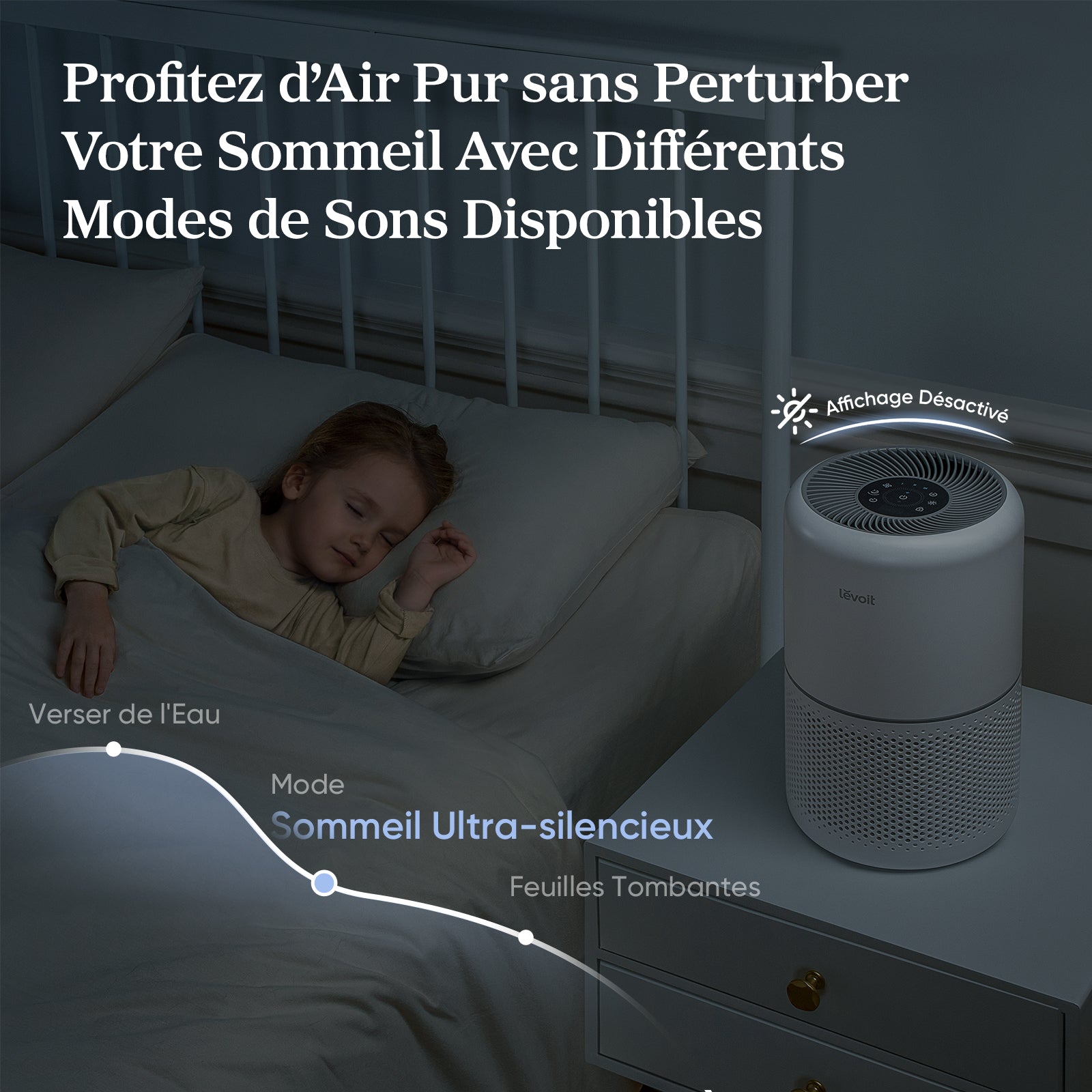 Levoit Core 300S purificateur d'air avec mode ultra-silencieux pour un sommeil paisible et pur air sans perturbation.