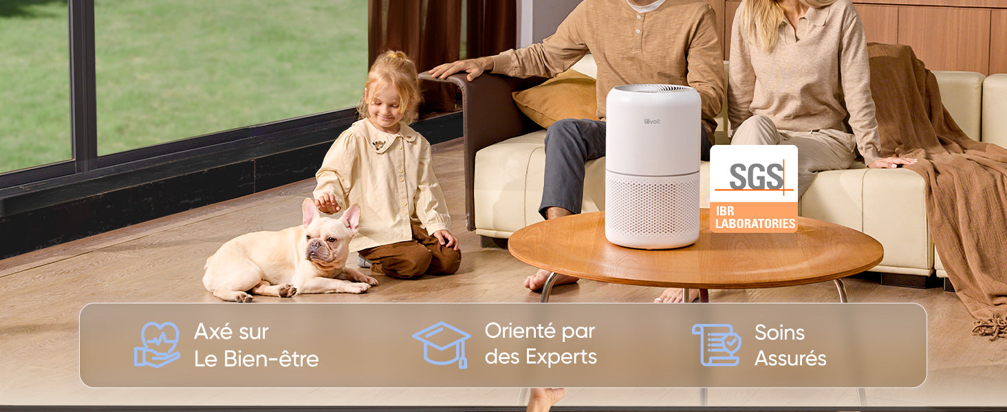 Levoit air purifier in a living room with a family and dog, promoting well-being, expert guidance, and assured care, with SGS certification.