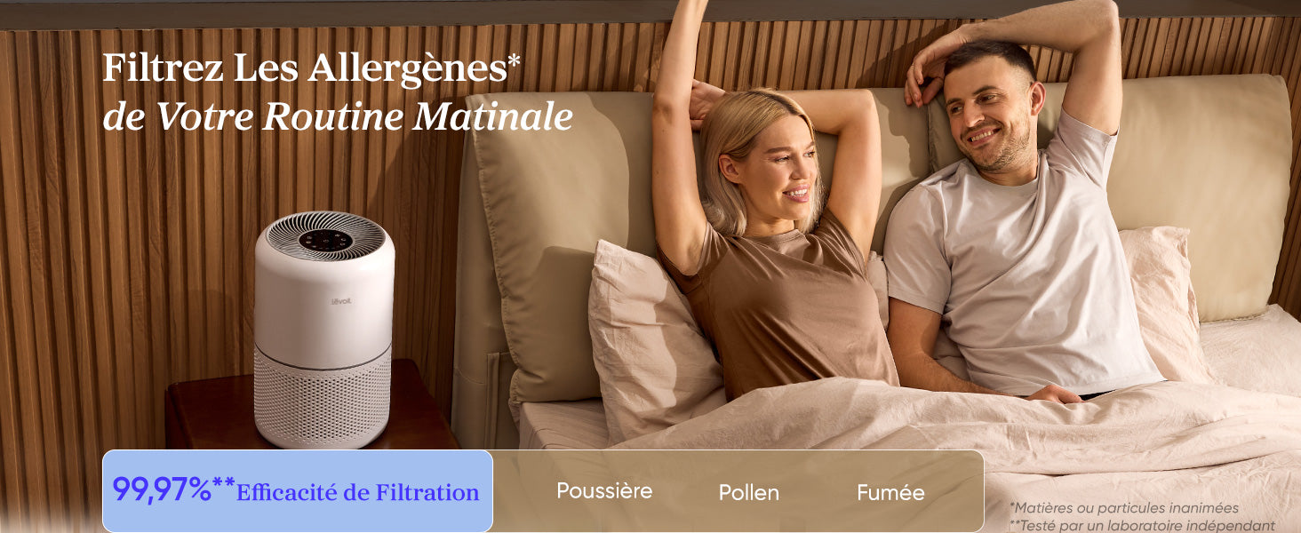 Purificateur d'air Levoit filtrant les allergènes, avec une efficacité de filtration de 99,97% contre la poussière, le pollen et la fumée.