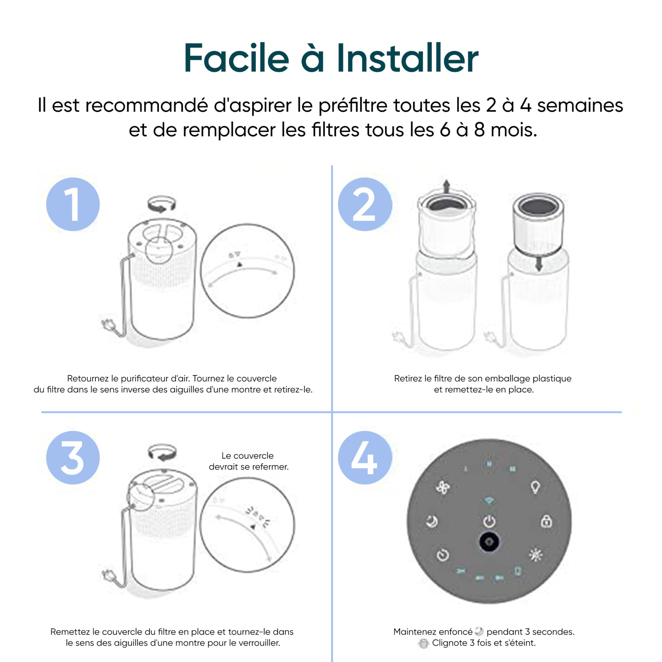 Installation facile du purificateur d’air Levoit avec instructions pour le remplacement du filtre et entretien régulier.