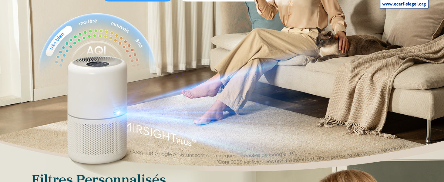 Purificateur d'air professionnel affichant l'AQI avec des niveaux de qualité de l'air visibles- Levoit