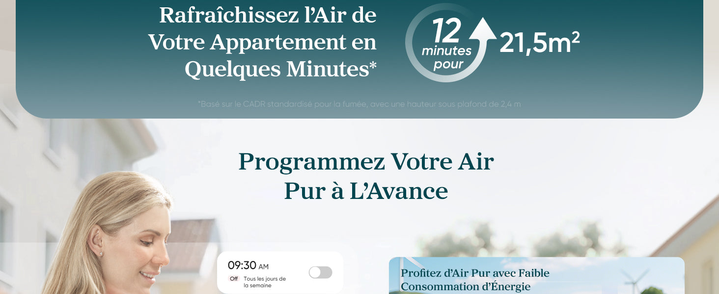 Purificateur d'air Levoit Core 300, affichant la capacité de rafraîchir l'air d'un appartement de 21,5m² en 12 minutes
