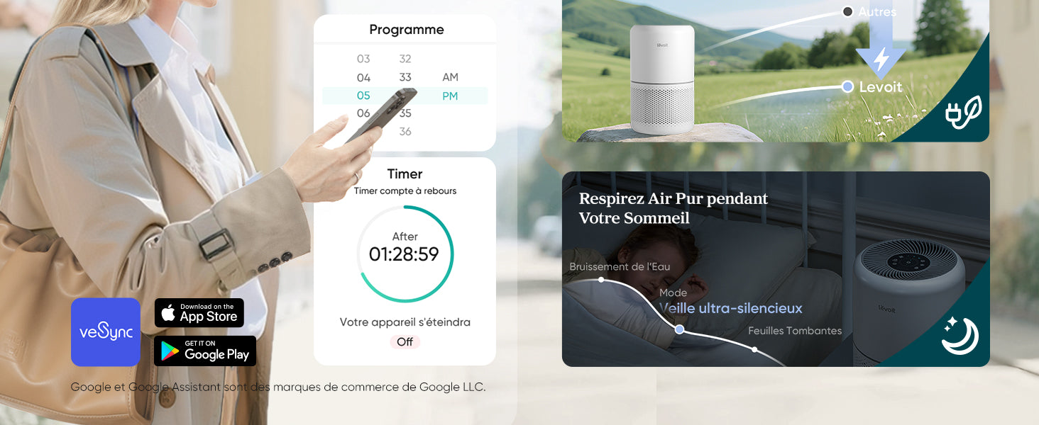 Purificateur d'air Levoit montrant un programme de minuterie, une fonction de sommeil ultra-silencieuse avec bruit de l'eau et mode feuilles tombantes