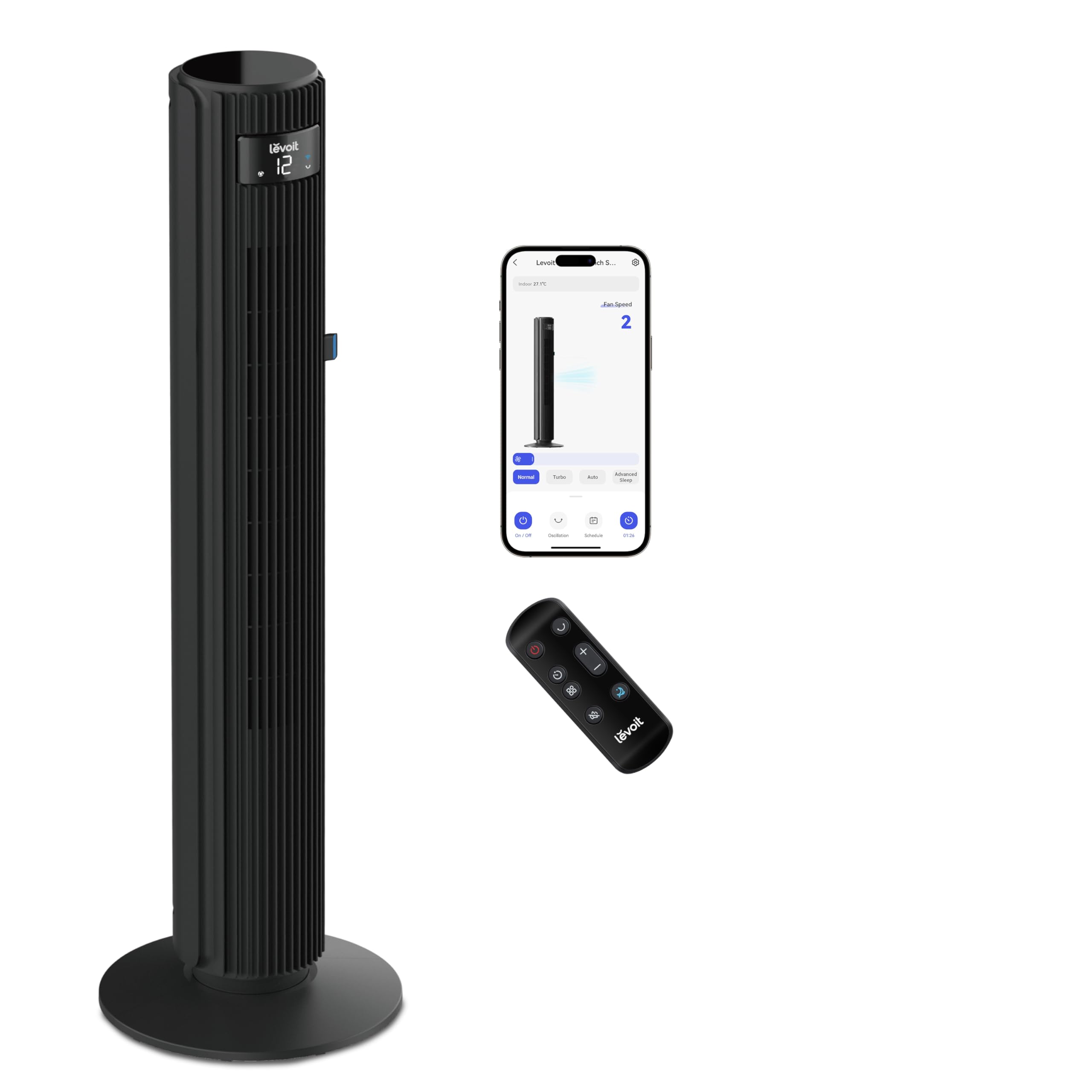 Ventilateur colonne LEVOIT WiFi avec moteur DC ultra-silencieux, contrôle par application & Alexa, 12 vitesses, oscillation 90°, design haut 108cm pour grand salon et chambre.