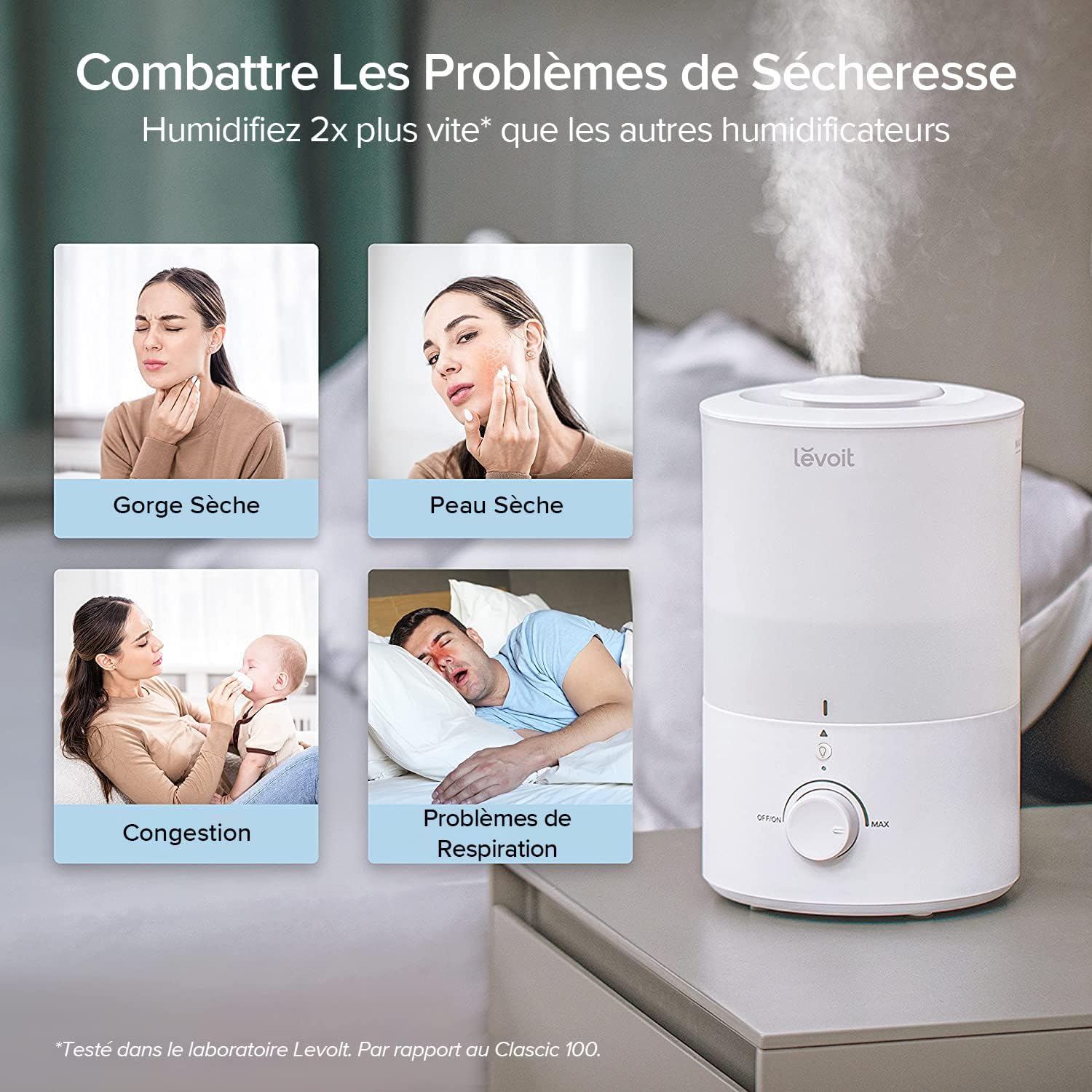 Levoit humidificateur d'air pour soulager gorge sèche, peau sèche, congestion et problèmes de respiration, avec une humidification rapide.