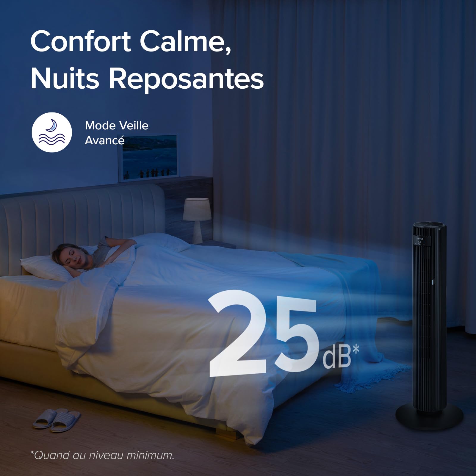 Ventilateur colonne LEVOIT ultra-silencieux 25dB, mode veille avancé, brise douce et discrète pour des nuits de sommeil paisibles et reposantes en chambre.