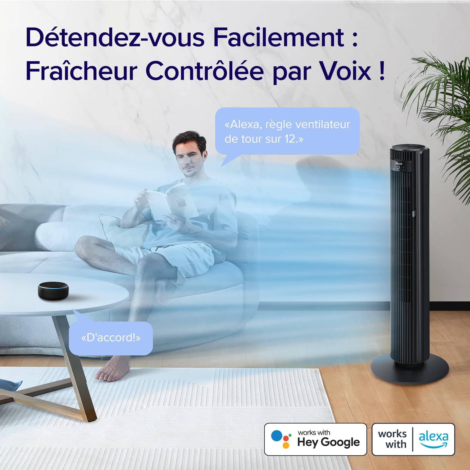 Ventilateur colonne LEVOIT compatible avec contrôle vocal Alexa et Google Home, fraîcheur mains libres confortable pour un salon familial détendu au quotidien.