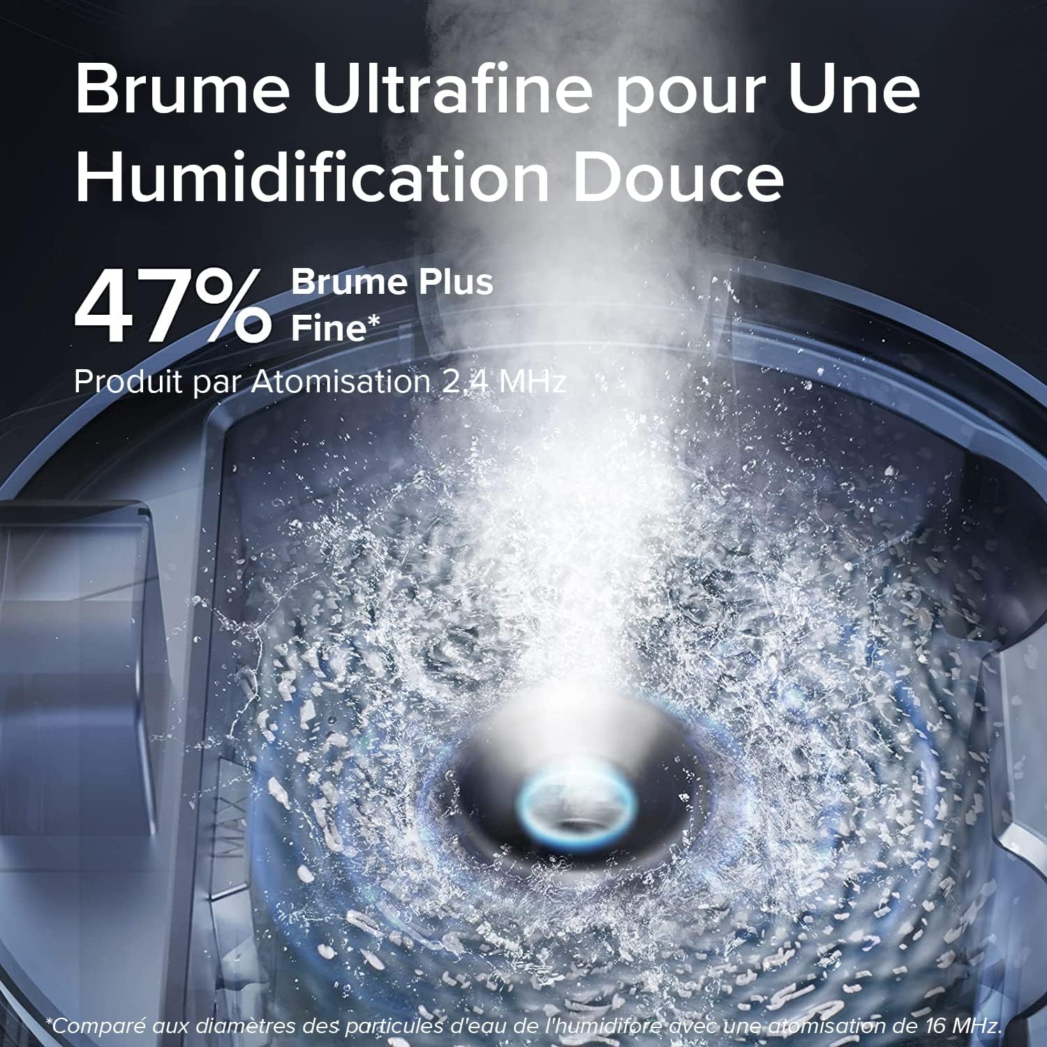 Levoit humidificateur d'air avec atomisation 2.4 MHz, brume ultra-fine à 47% plus fine, pour une humidification douce et efficace.