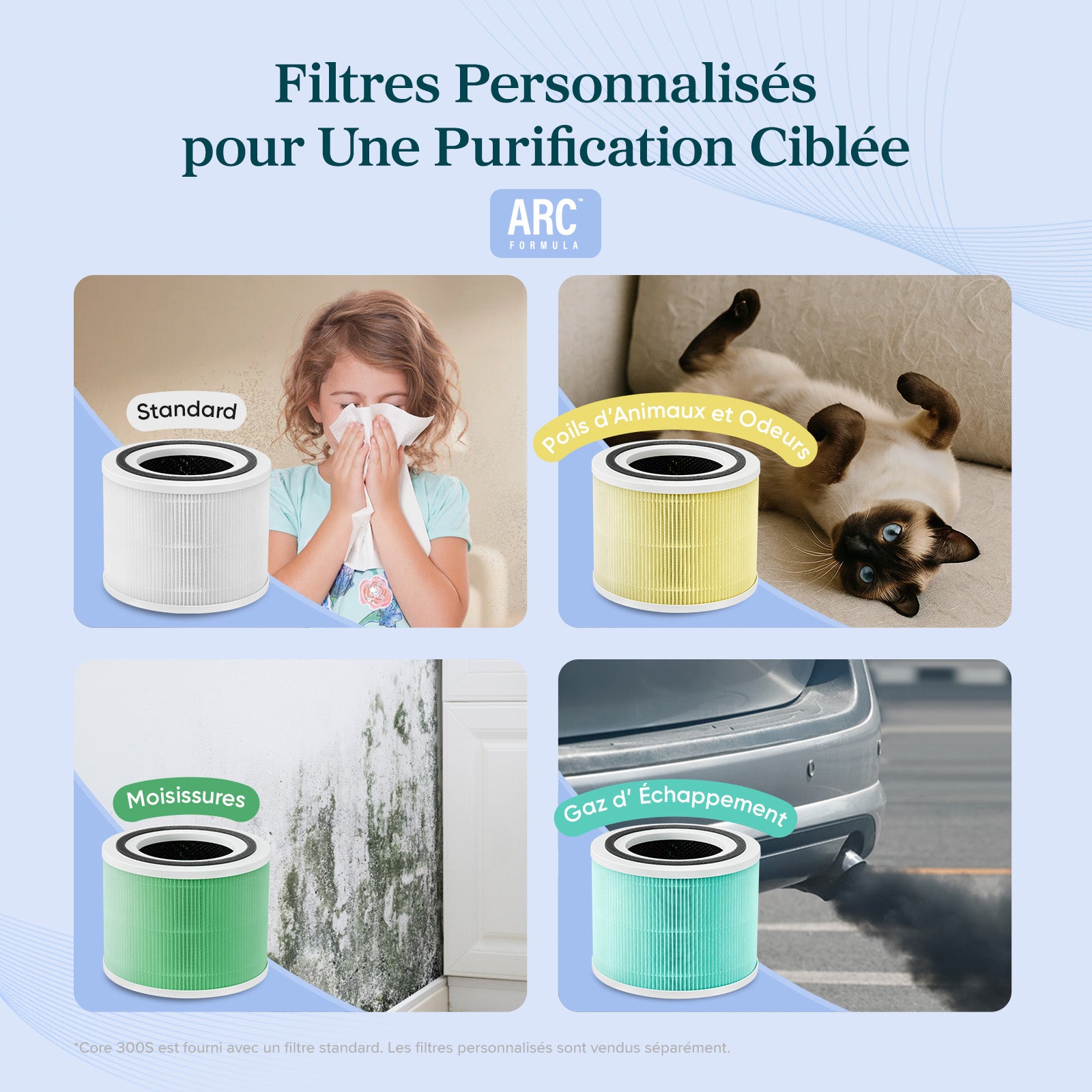 Filtre de rechange personnalisé Levoit Core 300S pour animaux, moisissures, gaz d'échappement et filtration standard.