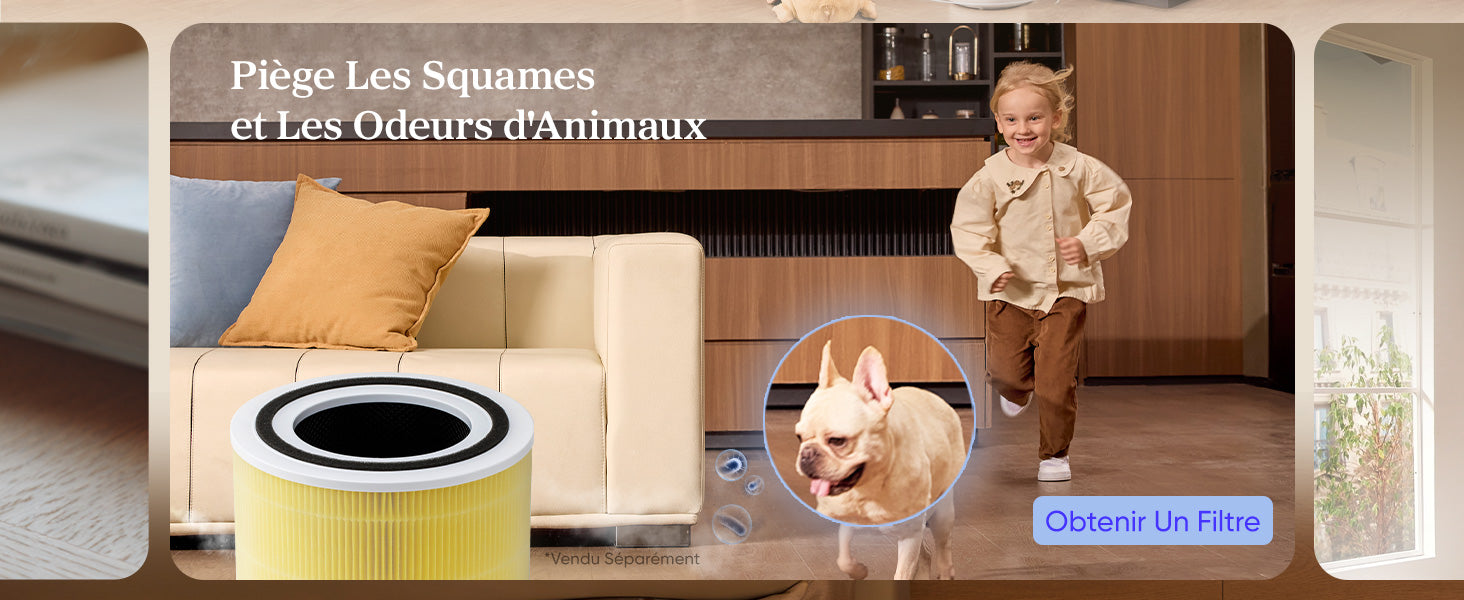 Filtre HEPA du purificateur d'air Levoit piégeant les squames et les odeurs d'animaux, avec une vue agrandie d'un chien et de particules capturées dans l'air.