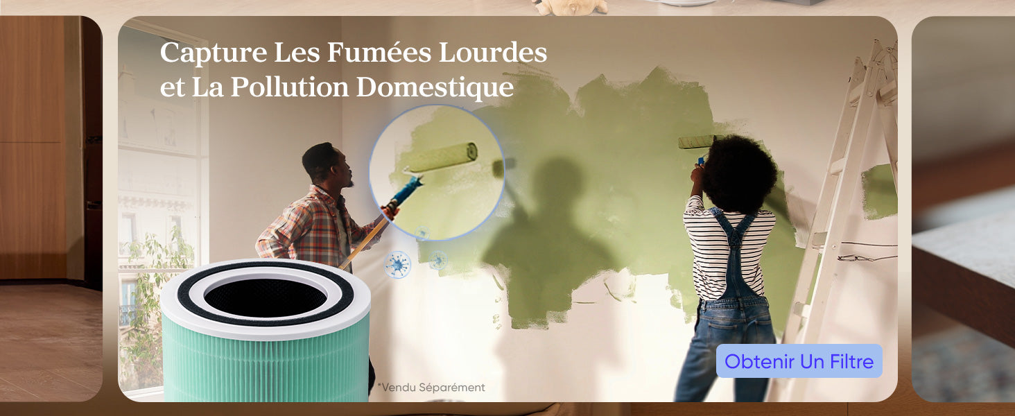 iltre HEPA du purificateur d'air Levoit capturant les fumées lourdes et la pollution domestique pendant la peinture d'une pièce