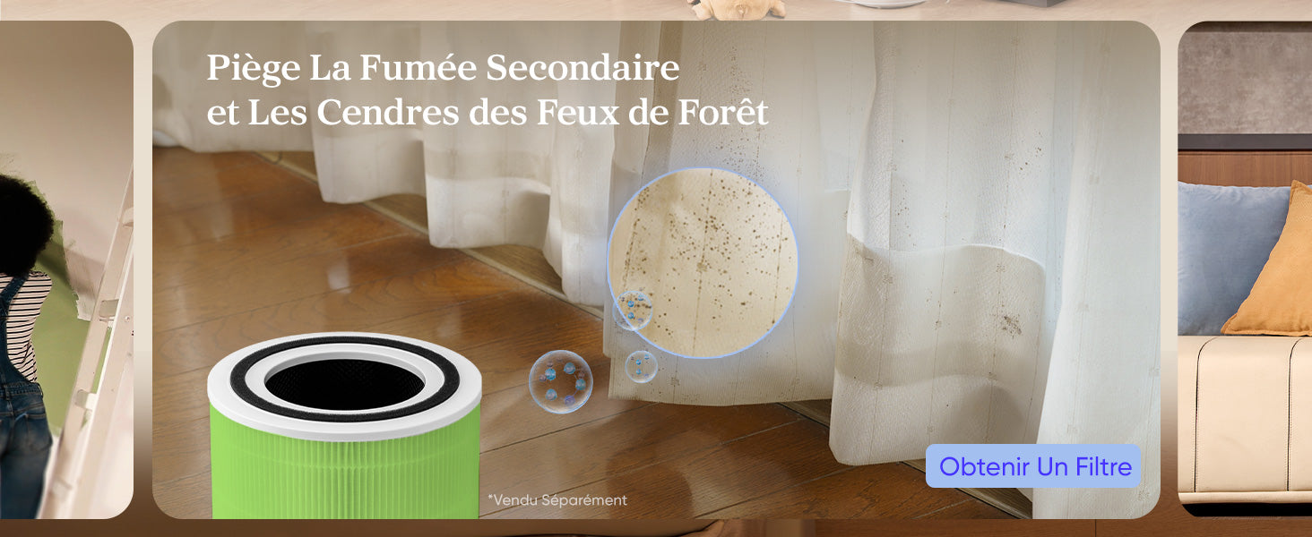 Filtre HEPA du purificateur d'air Levoit Core 300 piégeant la fumée secondaire et les cendres des feux de forêt, avec une vue agrandie des particules capturées.