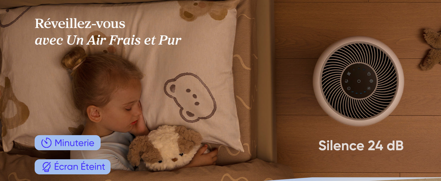 Purificateur d'air Levoit Core 300, silencieux à 24 dB, offrant un air pur et frais pendant que l'enfant dort