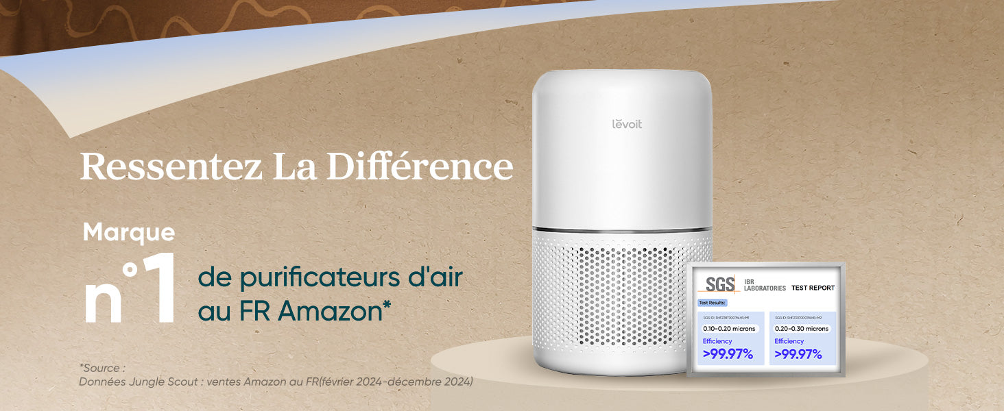 Purificateur d'air Levoit, marque n°1 de purificateurs d'air sur Amazon FR, avec un rapport de test SGS montrant une efficacité de filtration de 99,97%.