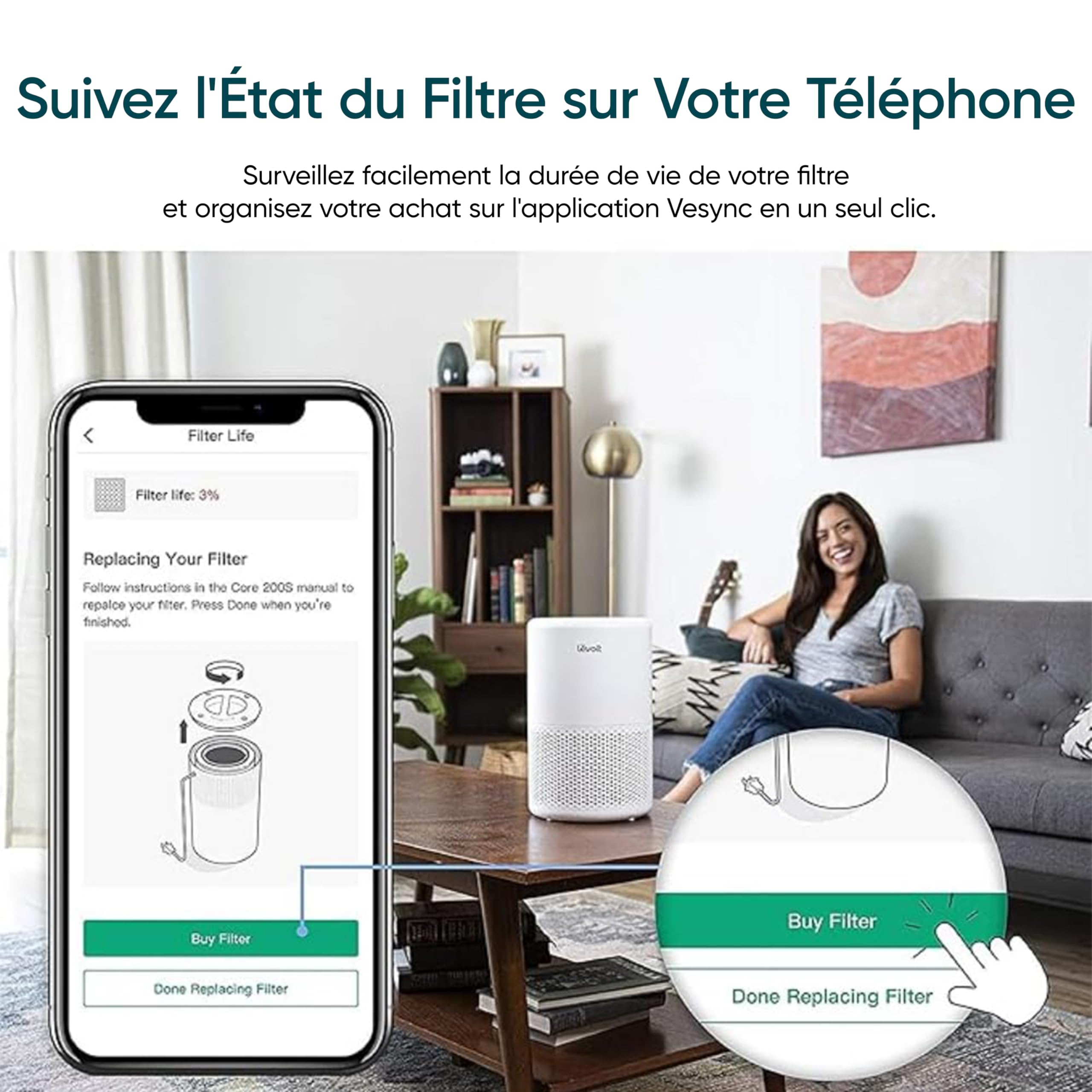Levoit Core 200S Purificateur d'air avec suivi de l'état du filtre et achat facile via l'application VeSync